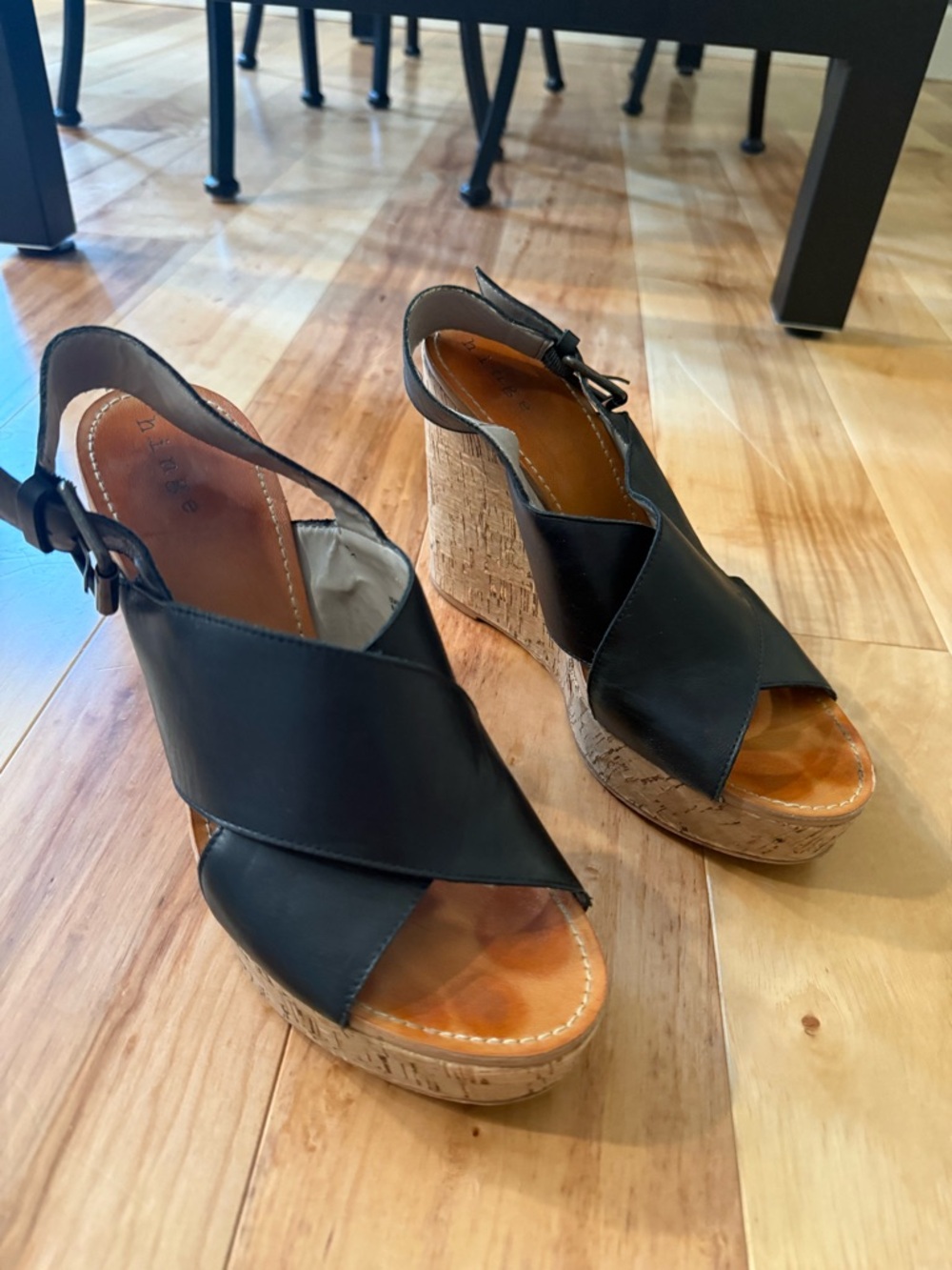 Black Cork Wedge Sandals with Crisscross Leather Straps